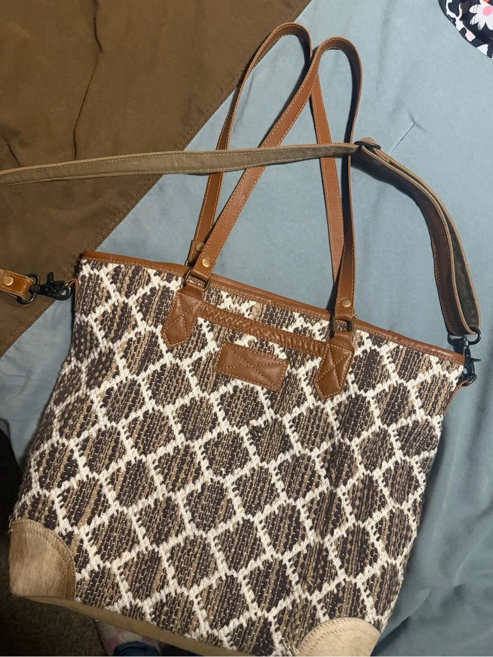 Myra Bag Textured Tote with Brown Trim